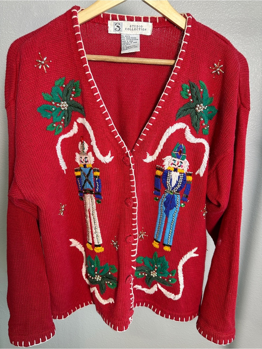 Vtg Studio Collection Red Nutcracker Embroidered Cardigan Sweater